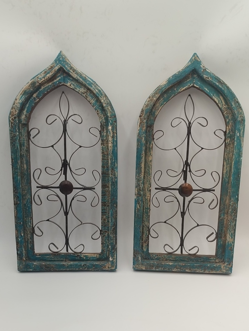 VTG-style Rustic Turquoise Distressed Arch Wall Panels with Scrollwork